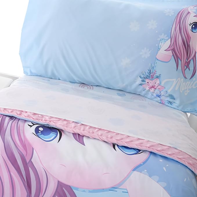 4 Piece Toddler Bedding Set for Girls,Soft Crib Bed Sheets Set in a Bag Including Comforter, Flat Sheet, Fitted Sheet and Pillowcase(Unicorn)