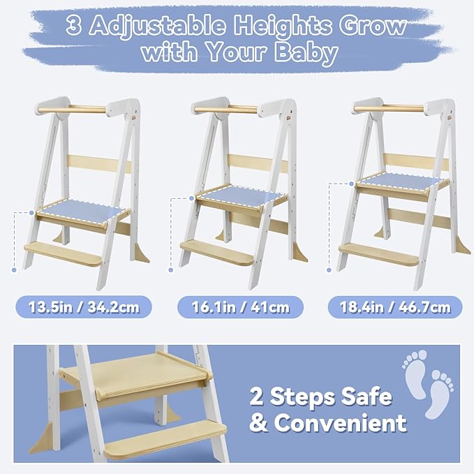 Foldable Toddler Step Stool for Kitchen - Adjustable Wooden Kitchen Helper with Safety Rail & Anti-Tip Feet, Montessori Counter Standing Tower for Kids 2-6 Years (White)