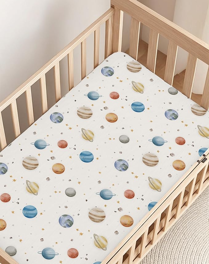 Pack and Play Sheets 2 Pack, Fitted Jersey Knit Mini Crib Sheets for Baby Boys and Girls, Compatible with Graco Pack N Play and Mini Crib Mattress (Stellar Adventure, Pack N Play/Mini Crib Sheets)