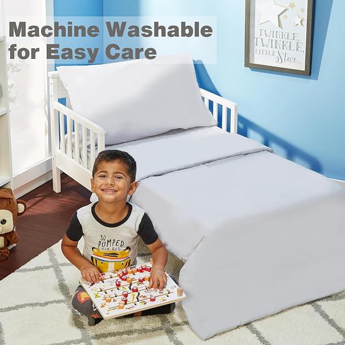 EVERYDAY KIDS 4 Piece Toddler Bedding Set - Includes Comforter, Flat Sheet, Fitted Sheet and Pillowcase - Solid Grey
