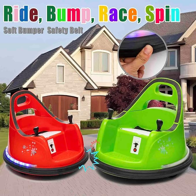 12V Electric Ride On Bumper Car, Baby Bumping Toy Car Gifts - Electric Vehicle W/Remote Control, Music, Bright LED Lights and 360 Degree Spin for 1.5-6 Years Old Toddlers, Green