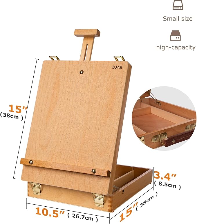 DJAR Tabletop Art Easel for Painting, Solid Beech Wood Desktop Sketchbox, Adjustable Portable Art Drawing Easel for Student Artist Beginner