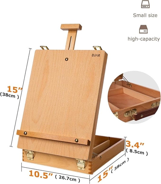 DJAR Tabletop Art Easel for Painting, Solid Beech Wood Desktop Sketchbox, Adjustable Portable Art Drawing Easel for Student Artist Beginner