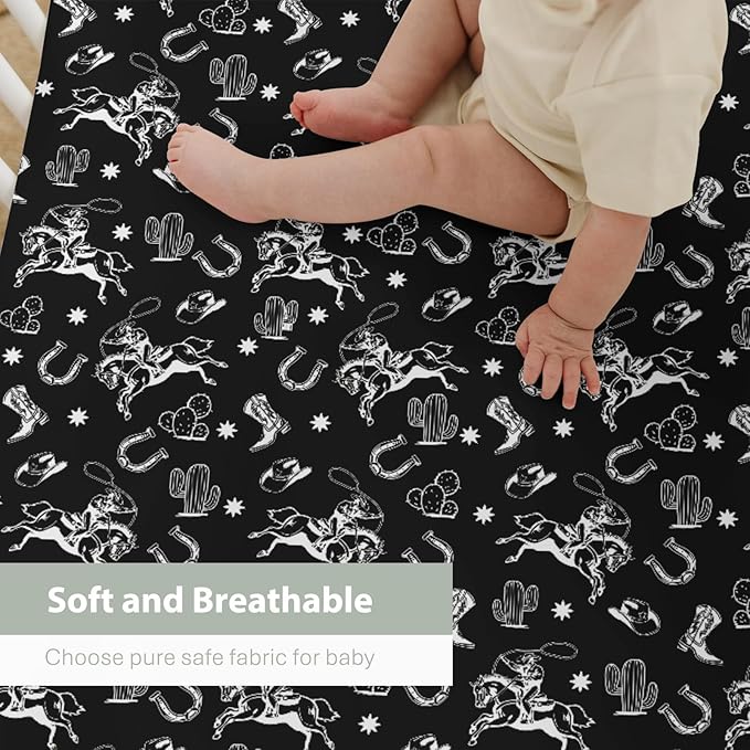 Black Western Cowboy Baby Crib Sheets for Boy Girl 52"x28" Cowboy Boots Hat Horse Cactus Soft Stretchy Fitted Crib Mattress Cover Wild West Desert Baby Sheet for Standard Crib and Toddler Mattress