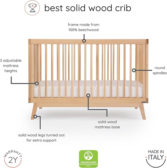 dadada Baby Soho 3-in-1 Convertible Wooden Crib to Toddler Bed - Made in Italy, GREENGUARD Gold Certified, Baby-Safe Finish, Handcrafted Beechwood, Modern Design, 3 Adjustable Heights (Natural)