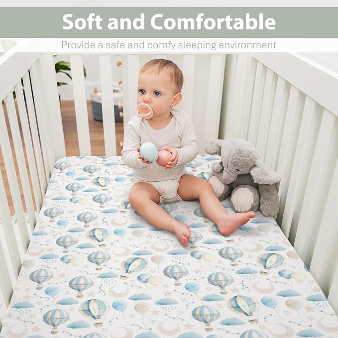 Neutral Blue Hot Air Balloons Baby Crib Sheets for Boy Girl 52"x28" Pastel Balloons Moon Stars Clouds Soft Snug Fitted Crib Mattress Cover Boho Sky Nursery Baby Sheet for Crib & Toddler Bed Mattress