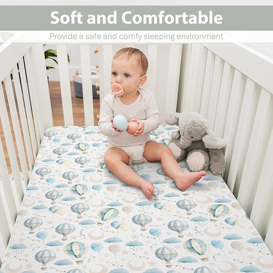 Neutral Blue Hot Air Balloons Baby Crib Sheets for Boy Girl 52"x28" Pastel Balloons Moon Stars Clouds Soft Snug Fitted Crib Mattress Cover Boho Sky Nursery Baby Sheet for Crib & Toddler Bed Mattress