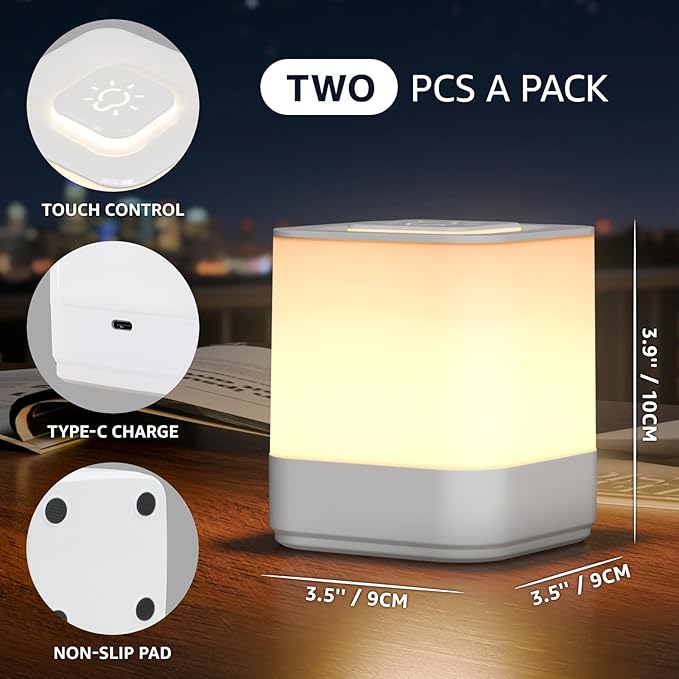 uuffoo 2 Pack Rechargeable Night Light Lamp 3 Modes Touch Dimmable LED Portable Table Lamp Battery Operated, Small Cordless Lamp for Bedroom Travel Bathroom Cruise