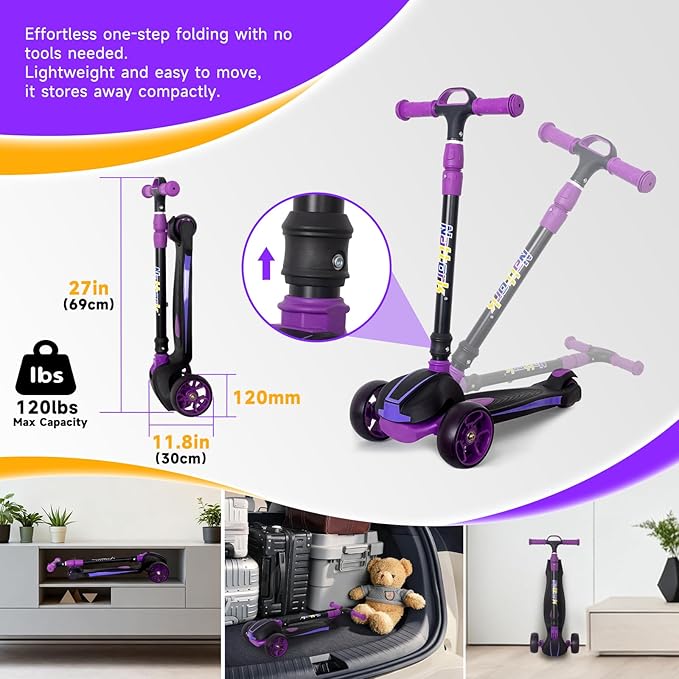 Nattork Kids Scooter for Age 3-8, Toddler Scooter with 4 Adjustable Height for Boys & Girls, Light Up 3-Wheels Foldable Kick Scooter, Lean to Steer, 120LB Weight Capacity