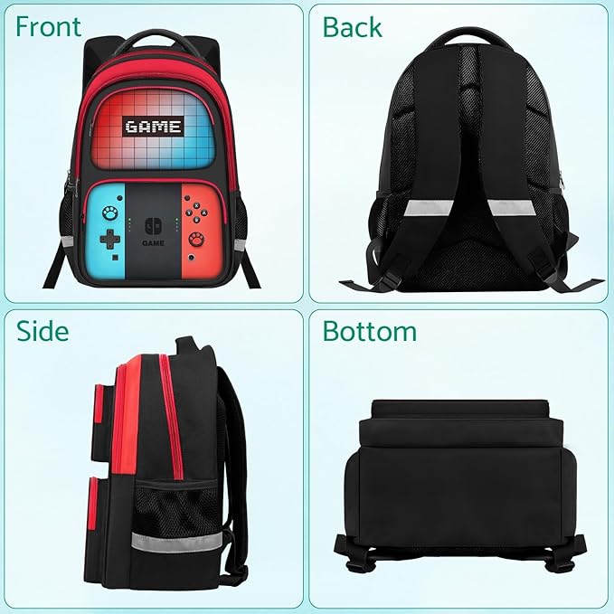 JIRAIKEI Kids Backpack For Boys，Gamer Boys Backpack For Children Teens Elementary Middle School, 17″ Students Bookbag