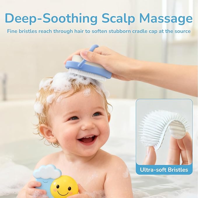 Baby Cradle Cap Brush & Comb Set, 3-in-1 Scalp Brush, Curved Comb & Soft Sponge | BPA-Free Cradle Cap Treatment Kit for Newborns & Infants 0-12 Months, Flakes Removal, Light Blue