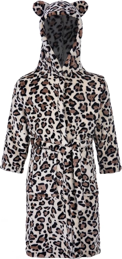 Kids Toddler Cartoon Hooded Plush Robe Leopard Pajamas Fleece Bathrobe Children Sleepwear