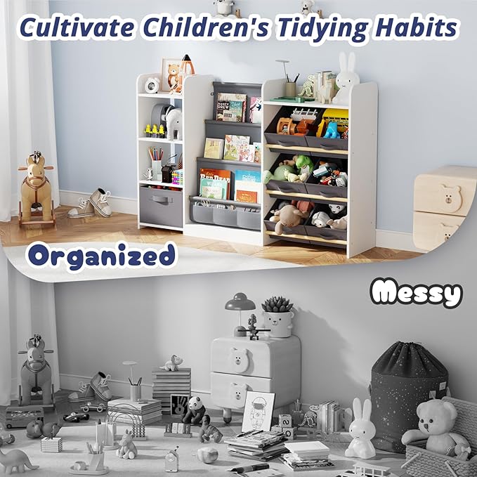IKALIFE Kids Toy Book Storage Organizer - Large Bookshelf with 7 Removable Bins, Baby Bookshelf and Toy Storage, 4-Tier Book Shelf for Kids Room, Playroom, Classroom, 51 inch, White