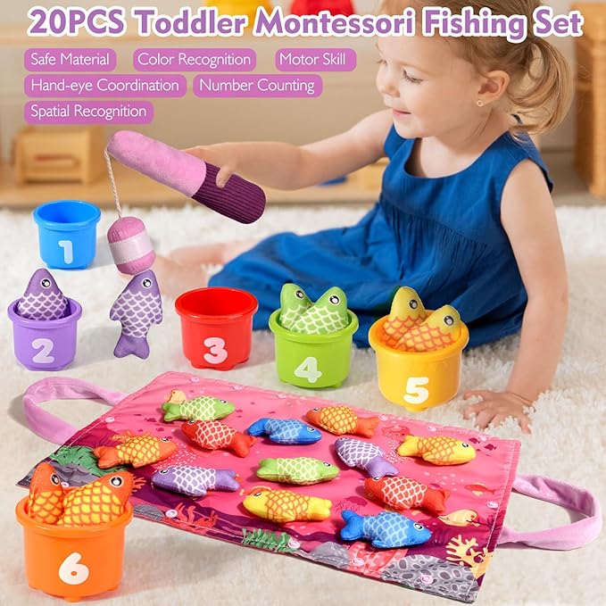 Montessori Toys for 1 Year Old Girl Gifts, Pink Cloth Fishing Toy for Toddler 1-3, Fine Motor Skills Toy Sorting Learning Baby Toys 6-12-18 Months, One Year Old Girl Boy Birthday Gifts