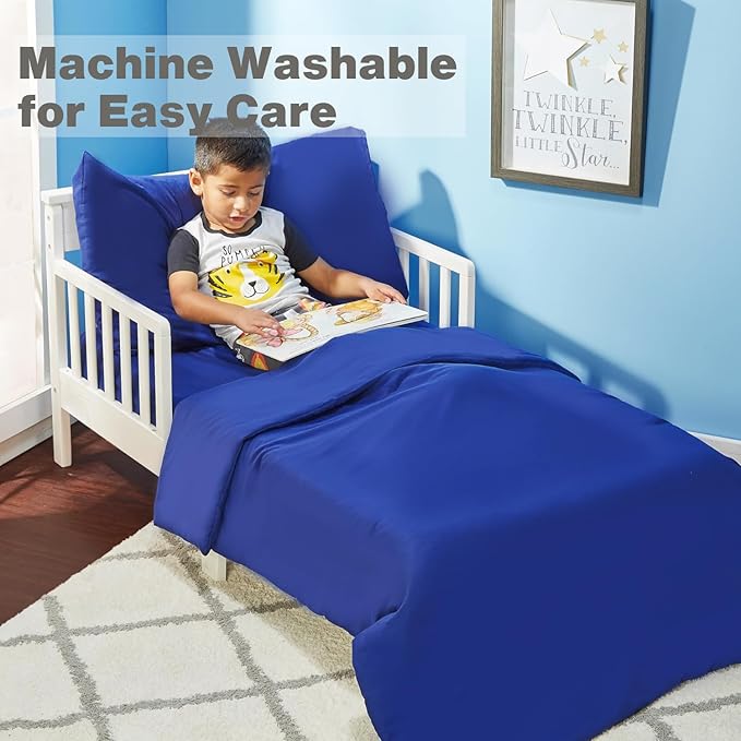 EVERYDAY KIDS 4 Piece Toddler Bedding Set - Includes Comforter, Flat Sheet, Fitted Sheet and Reversible Pillowcase - Solid Navy
