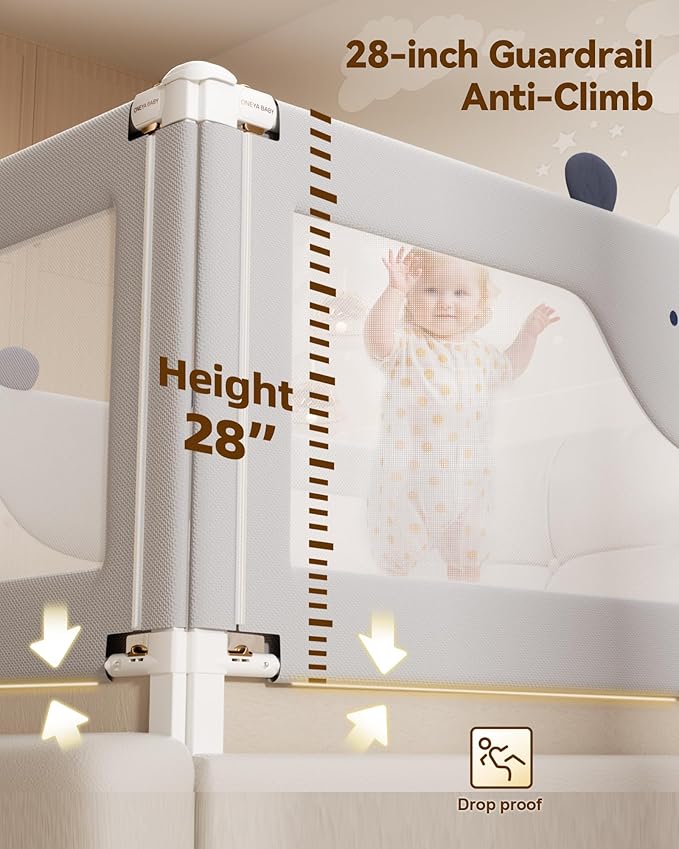 Baby Bed Rail Guard for Toddlers, Reinforced 60in Toddler Bed Rails for Queen Bed with Height Adjustable, Extral Tall Child Safety Side Railing Guards/Bedrail for Kids,Grey Bear, 1 Side 60" Lx28 H