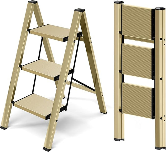 Mayi Plus 3 Step Ladder,Aluminum Folding Step Stool for Adults,Step Ladder with Wide Anti-Slip Pedal,330 lbs Capacity for Home,Office,Kitchen,Library(Gold)