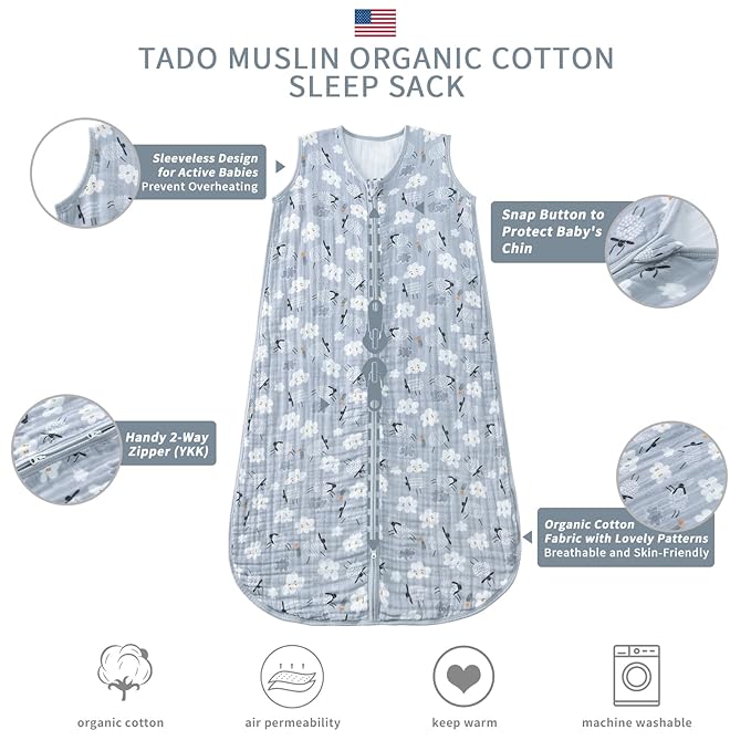 Baby Sleep Sack 2-4 T Baby Wearable Blanket 100% Organic Cotton 0.5 TOG Toddler Sleep Sacks 2- Way Zipper Soft 4 Layers Muslin 2T 3T 4T Sheep Grey