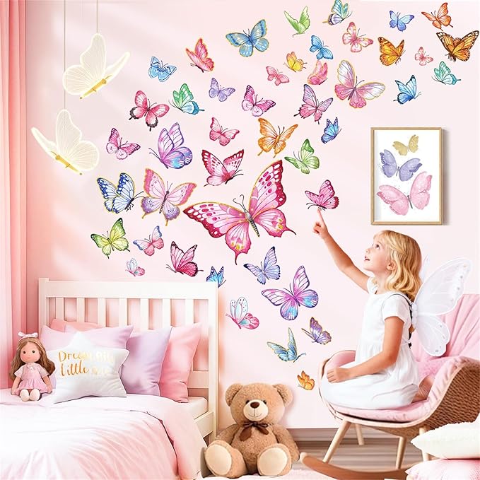 decalmile Pink Butterfly Wall Stickers Colorful Watercolor Butterflies Wall Decals Baby Nursery Bedroom Girls Room Home Decor