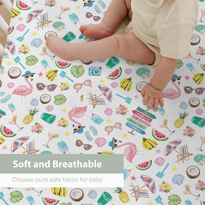 Surf Beach Summer Baby Crib Sheets for Boy Girl 28"x52" Flamingo Tropical Leaves Floral Fruits Soft Stretchy Fitted Crib Mattress Cover Beach Party Vacation Baby Sheet for Crib & Toddler Bed Mattress