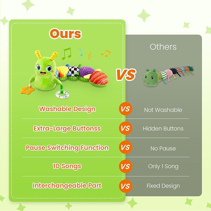Baby Toys 0-6 Months, Washable Baby Musical Caterpillar Toys with 10 Kid's Songs,Rattles,BabyTeething Toys,Suitable for 0-6, 6-12 Months Infant Tummy Time Toy,Newborn Baby Boy&Gril Gifts (Green)