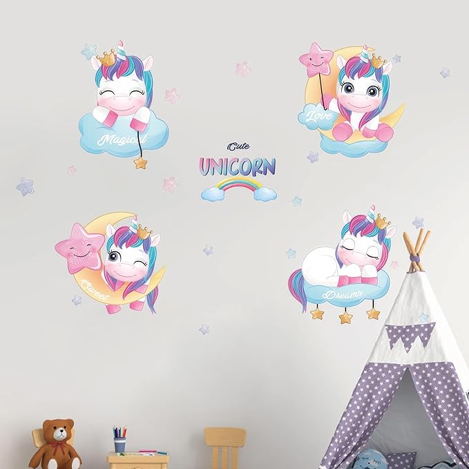 Ollaland Unicorns Wall Decals - Colourful Peel and Stick Cute Unicorn Wall Stickers, Decor for Baby Nursery, Toddler & Kids Bedroom Walls