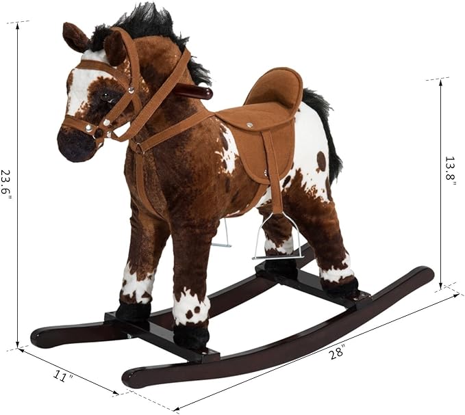 Qaba Kids Wooden Plush Ride-On Rocking Horse Chair Toy with Realistic Sounds Dark Brown/White