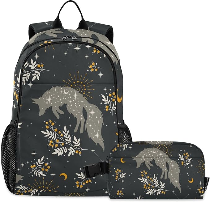 Jucciaco Magical Fox Stars Moons Boho Backpack with Lunch Bag, School Backpack for Teens Boys Girls Kids Travel Backpacks Set