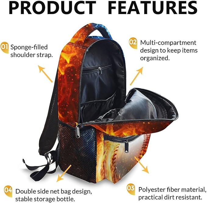 CustomWish Backpack for Boys, Baseball for Kids Teens Elementary Middle Primary High Senior, 17 Inch Lightweight Sport Bookbag for Ages 6-18 Back to School Travel