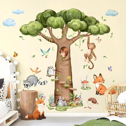 Tanlaby Woodland Animal Tree Wall Decals Rabbit Fox Monkey Baobab Tree Wall Stickers Peel and Stick Art Decor for Baby Nursery Kids Bedroom Toddler Room Decor, 38in H