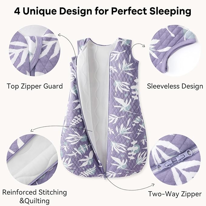 Baby Sleep Sack 0-6 Months 1.5 Tog Baby Wearable Blanket 100% Cotton Fabric Warm Sleeping sack with 2-Way Zipper Quilted for Infant Newborn Tog Purple Leaves
