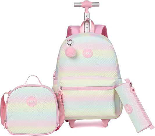 kingdisen Rolling Backpack with Wheels School Trolley Laptop Bag with Lunch Box 3pc Set for women (PU PINK)