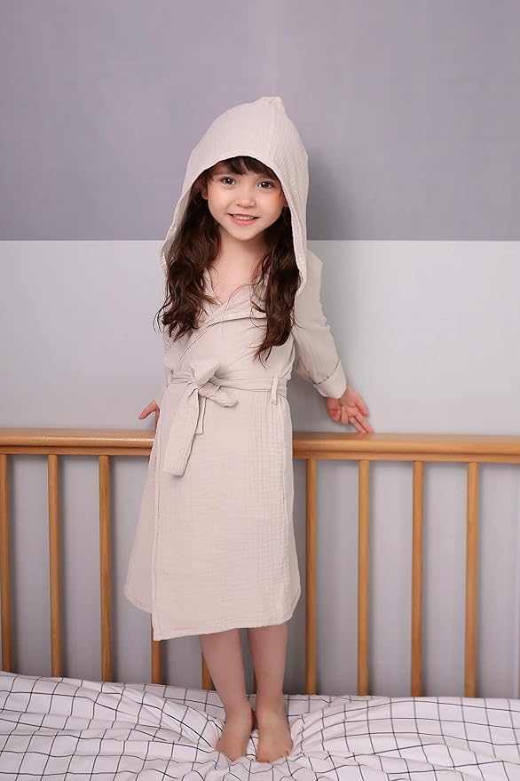 Organic Cotton Toddler Bathrobe, Soft and Breathable Baby Robe for Kid, Boy& Girl Hooded Robe Muslin