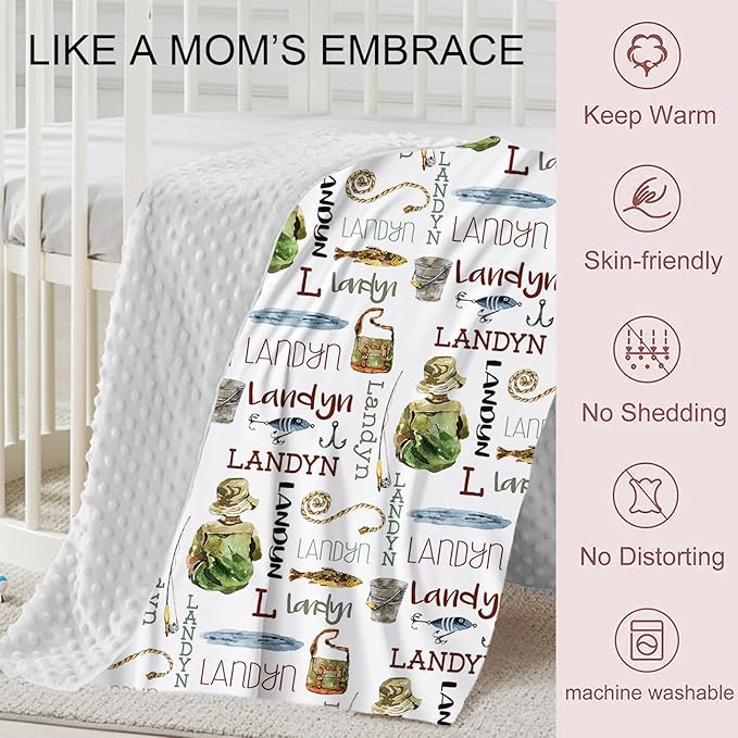 Personalized Baby Crib Bedding Set, Custom Name Fishing Theme Baby Bedding 2-Pcs Set - Soft Double Layer Dotted Blanket and Fitted Sheet, Nursery Bedding for Newborn Boys Girls, Perfect Shower Gift