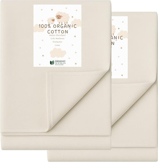 Organic Crib Mattress Protector - Flat Sheet Water Resistant Liner Pad, Breathable, Skin Friendly, Chemical-Free Pure Cotton [GOTS-Certified] for Portable (36"x26") - Pack of 2