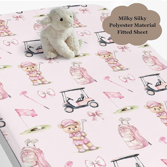 Cute Golf Bear Balls Cart Club Pink Baby Crib Sheet for Boys & Girls 52x28x9 in Bears Bows Golfing Bag Sport Fitted Crib Mattress Cover for Golfs Lover Gift Bed Sheet Bear One Size