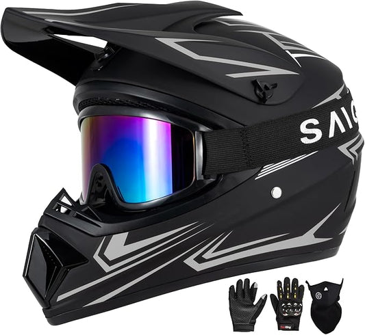 Youth Kids Motocross Helmet, Adult ATV Dirt Bike Helmet with Goggles Gloves & Mask Quick, Full Face Motorcycle Helmet with Quick Release Buckle DOT Certified