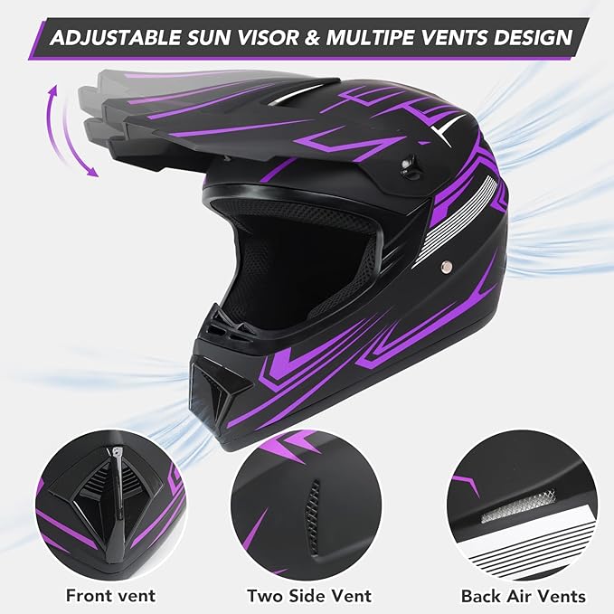 Youth Dirt Bike Helmet,Kids Motocross Full Face Helmets,Mountain Bike BMX MX ATV Girls Motorcycle Helmet for Kids 8-14 with(Goggles,Gloves,Mask) 4-Pcs Set,DOT Approved(Purple,M)