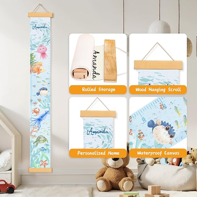Woodemon Personalized Name Growth Chart for Wall, Painted Marine Animals Canvas Height Chart for Kids Baby Child Toddler, Canvas Growth Chart for Wall Nursery Decor, Hangable & Waterproof
