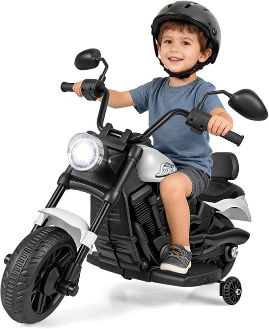 HONEY JOY Toddler Motorcycle, 6V Battery Powered Electric Motorcycle for Kids, Detachable Training Wheels, Music, Foot Pedal, Headlights, Forward/Backward, 3-Wheel Ride On Toy for Boys Girls (White)