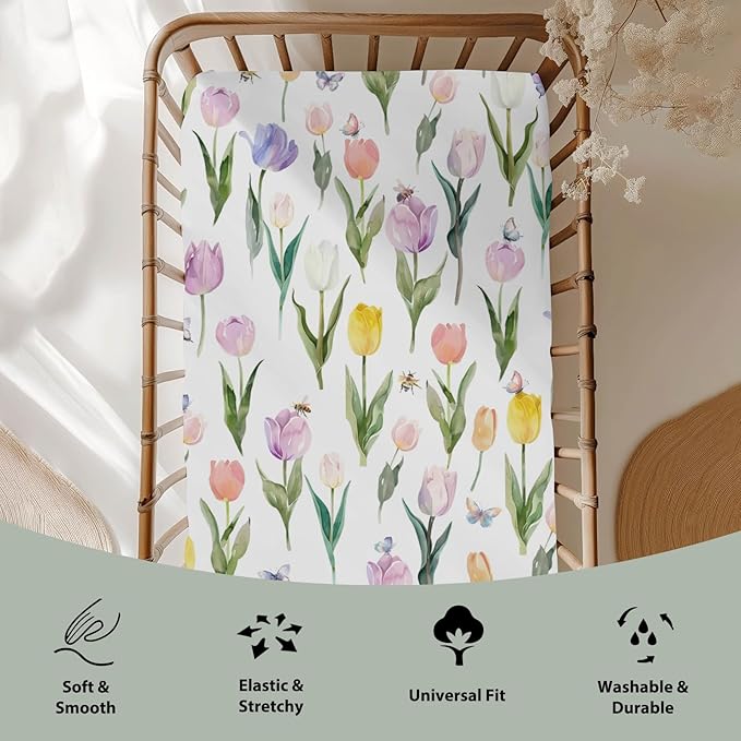 Watercolor Tulips Bees Baby Crib Sheets for Boy Girl 52"x28" Colorful Spring Floral Butterflies Soft Snug Fitted Crib Mattress Cover Garden Flowers Baby Sheet for Standard Crib & Toddler Mattress