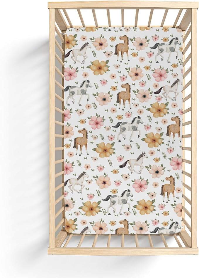 Watercolor Horse Floral Baby Crib Sheets for Boy Girl 52"x28" Running Horses Boho Flowers Soft Snug Fitted Crib Mattress Cover Wild Animals Baby Sheet for Standard Crib & Toddler Bed Mattresses
