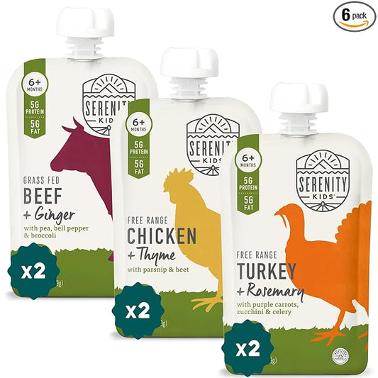 Serenity Kids 6+ Months Baby Food Pouches Puree - BPA-Free Meats & Herbs - Organic Baby Food Puree with Meat & Veggies - 3.5 Oz, 6 Pack