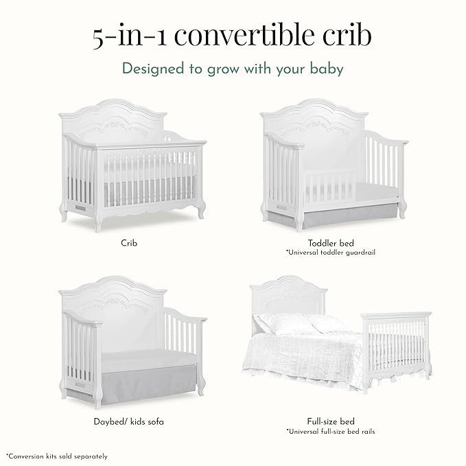 évolur Aurora 5-in-1 Convertible Full-Size Baby Crib in Frost White, GreenGuard Gold & JPMA, 3 Levels, Ribbon Bow Scrollwork & Queen Anne Feet, Converts to Toddler, Day & Full-Size Bed (Rails to Buy)