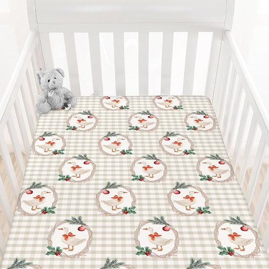 Christmas Geese Red Bows Baby Crib Sheets Cute Ducks Cherry Fir Leaves Soft Baby Sheets Winter Festive Holiday Farm Animals Fitted Crib Mattress Cover for Standard Crib & Toddler Mattress 52"x28"