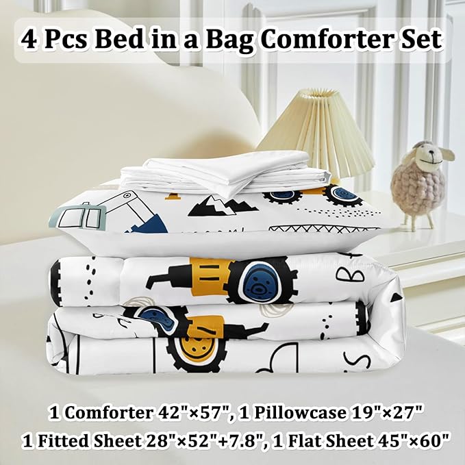 Toddler Bedding Set for Boys - 4-Piece Truck Bedding Comforter Set for Kids, Soft Comfort Construction Vehicle Bedding Includes Flat Sheet, Fitted Sheet, Comforter, Pillowcase