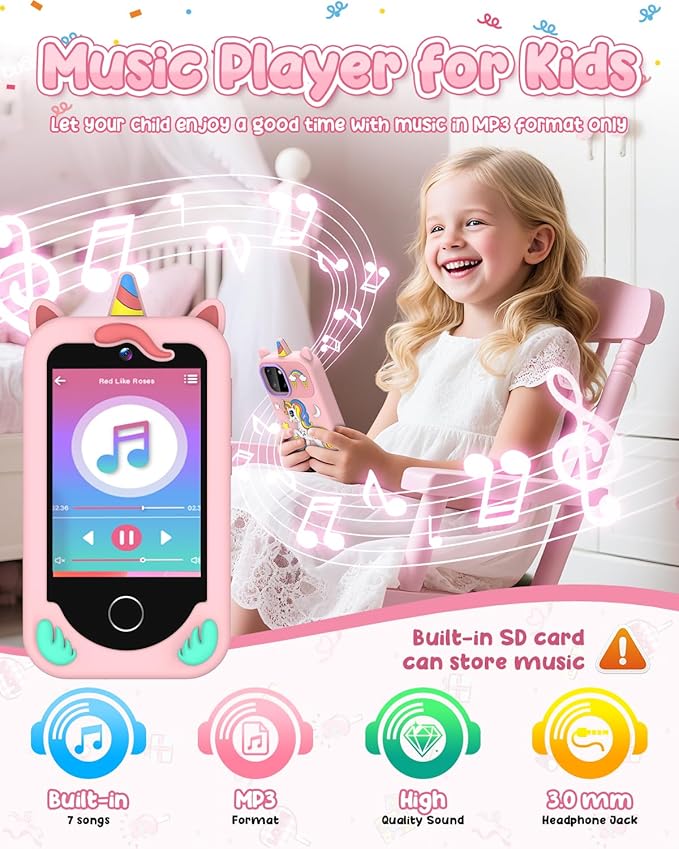 Kids' Phone Toy Imitate Smartphone Toy for 3-8 Year Old Girls & Boys - No Internet/Calls, HD Camera, MP3 Player, Learning Games | Christmas Birthday Gift for Toddlers (Pink)