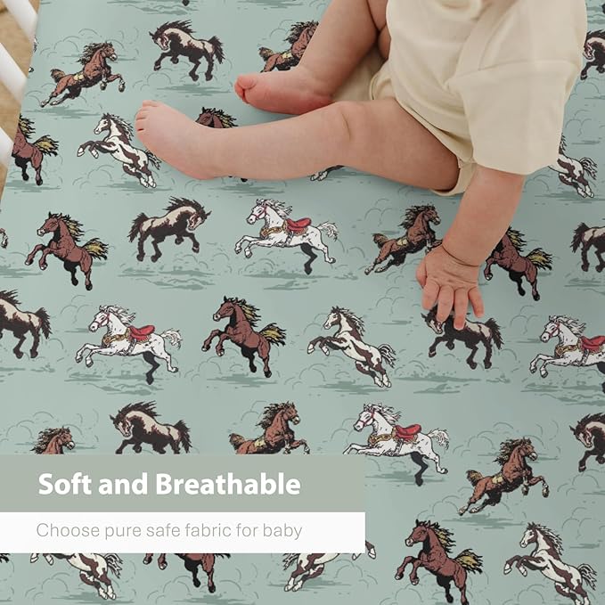 Vintage Wild Horses Baby Crib Sheets for Boy Girl 28"x52" Running Horse Soft Stretchy Fitted Crib Mattress Covers Wild Western Cowboy Animal Nursery Baby Sheet for Crib & Toddler Bed Mattress Green
