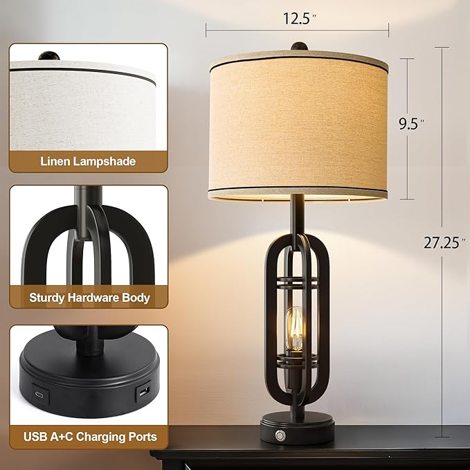 G-SAFAVA 27.25'' Table Lamps Set of 2 for Living Room Bedroom Industrial Farmhouse Metal Touch Lamps with USB A+C Ports, Night Light Vintage Nightstand Bedside Lamp, Bulbs Included, Black