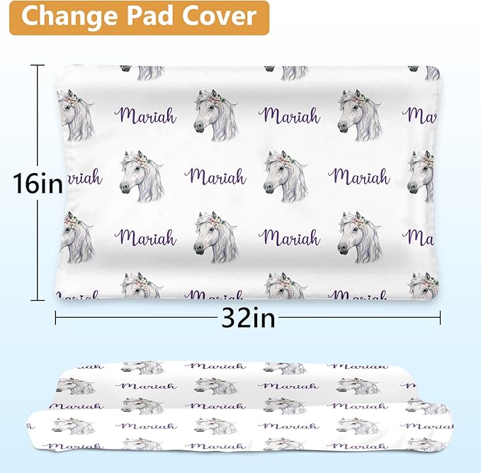 Personalized Crib Bedding Set - 4 Piece Custom Gift Purple Horse Crib Bed Set with Name, Soft Double Layer Blanket Set for Infant Baby Girl, Nursery Bedding Set for Toddler Boys